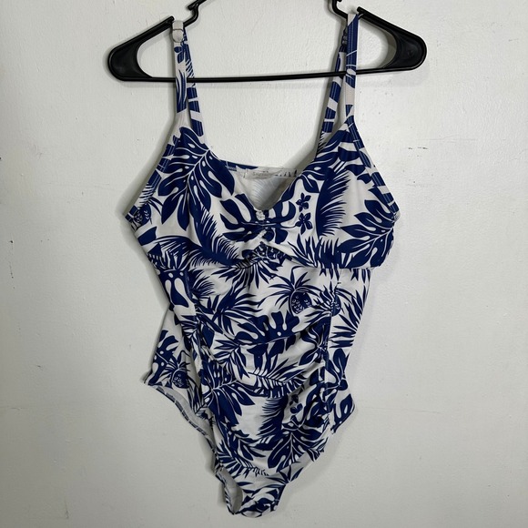 Sheshow Other - Sheshow Women XL Blue White Tropical Palm Leaf Ruched One Piece Swimsuit READ